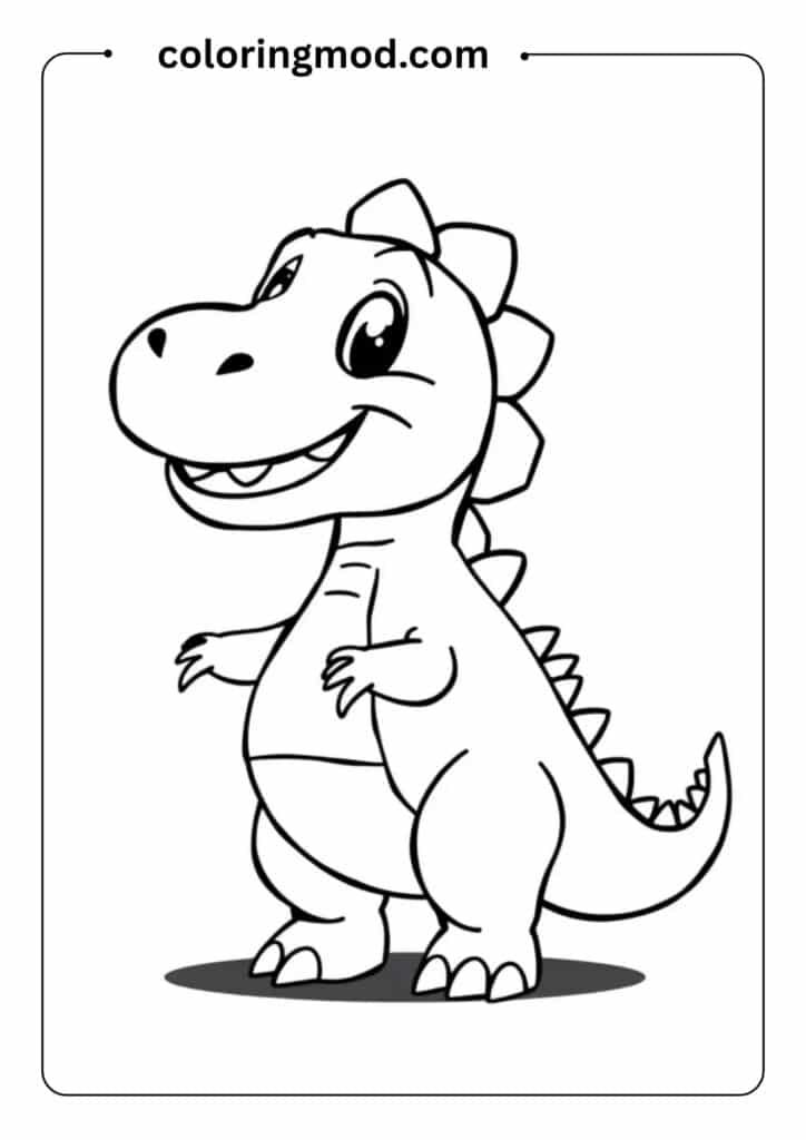 Friendly dinosaur standing with tiny arms and a big smile, spikes down its back, outlined in cartoon style