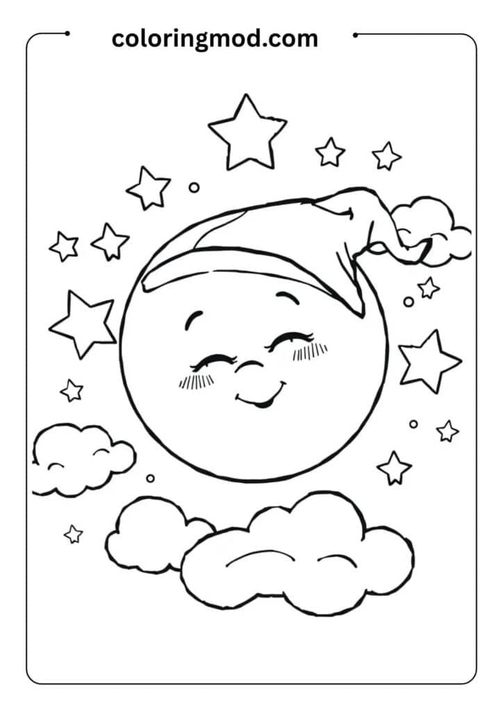 Friendly moon with a sleeping cap, stars and clouds around it, in a cozy night-time scene