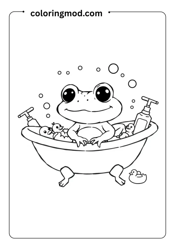 Frog in a clawfoot bathtub filled with bubbles and rubber ducks, surrounded by shampoo bottles,