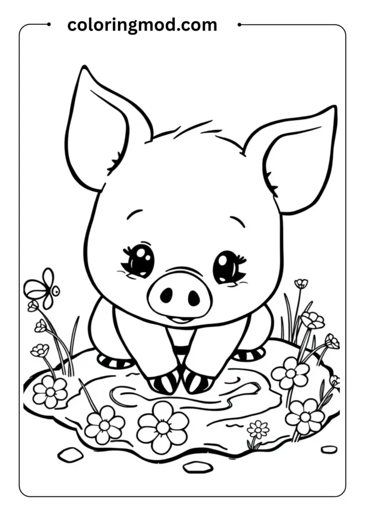 Happy piglet playing in the mud, with little flies and flowers around, in bold line art for young kids