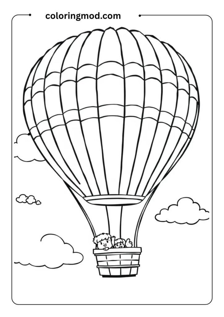 Hot air balloon with stripes and smiling characters in the basket, floating in a sky with clouds