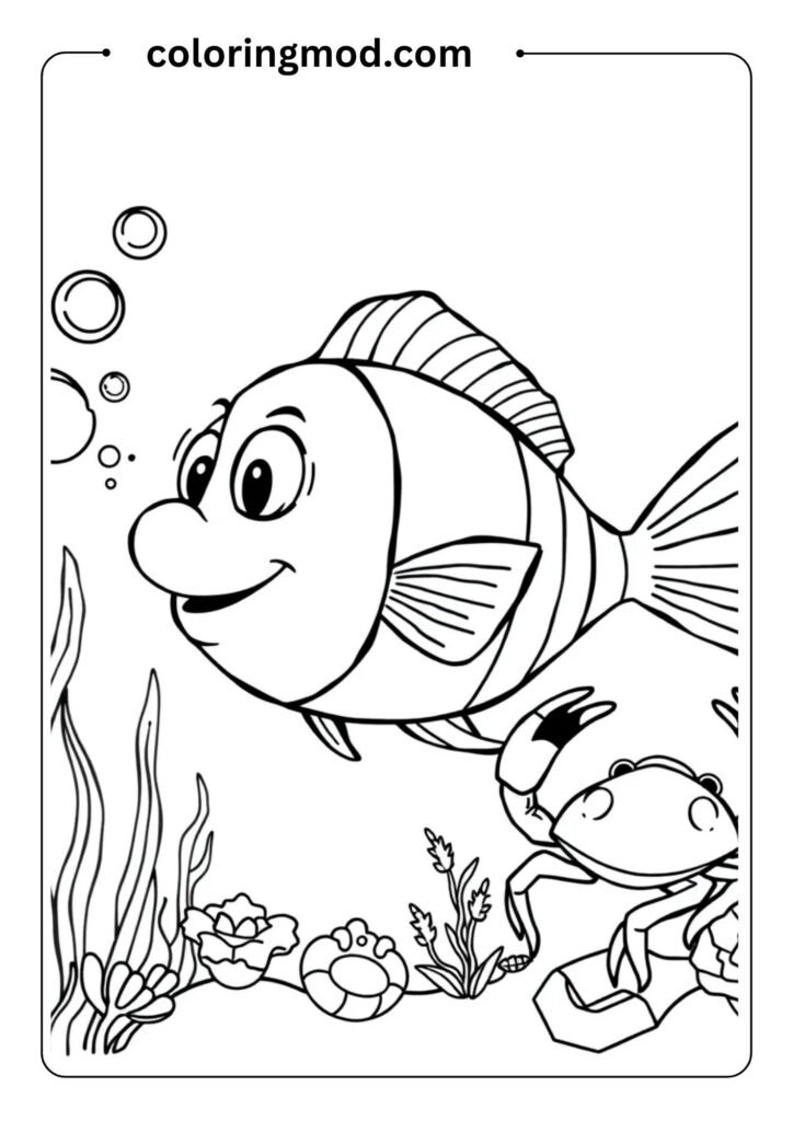 Line art of a happy fish blowing bubbles underwater, with seaweed and a crab nearby