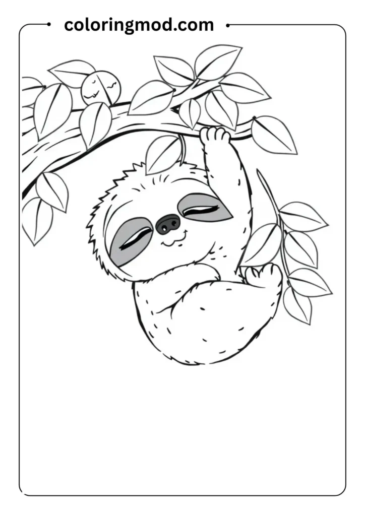 Line art of a sleepy sloth hanging from a tree branch, with leaves around it, simple for children to color