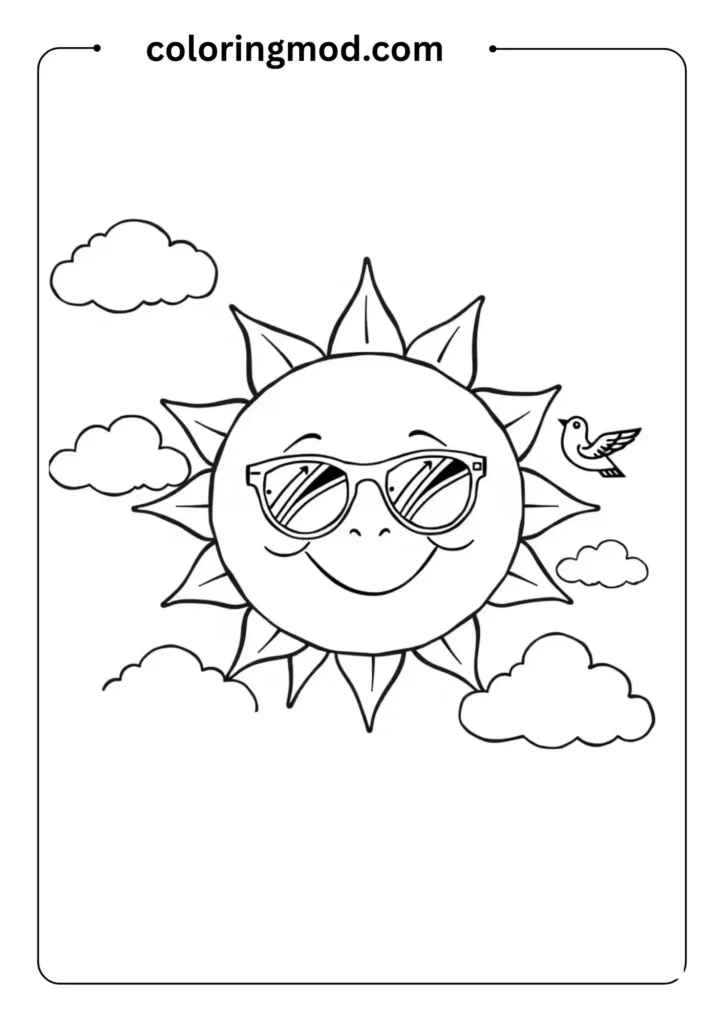 Line art of a smiling sun wearing sunglasses with clouds, birds, and a rainbow around it, easy to color
