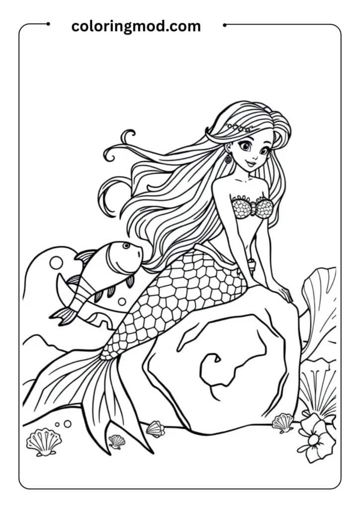 Mermaid sitting on a rock with a fish friend nearby, waves and seashells in the background