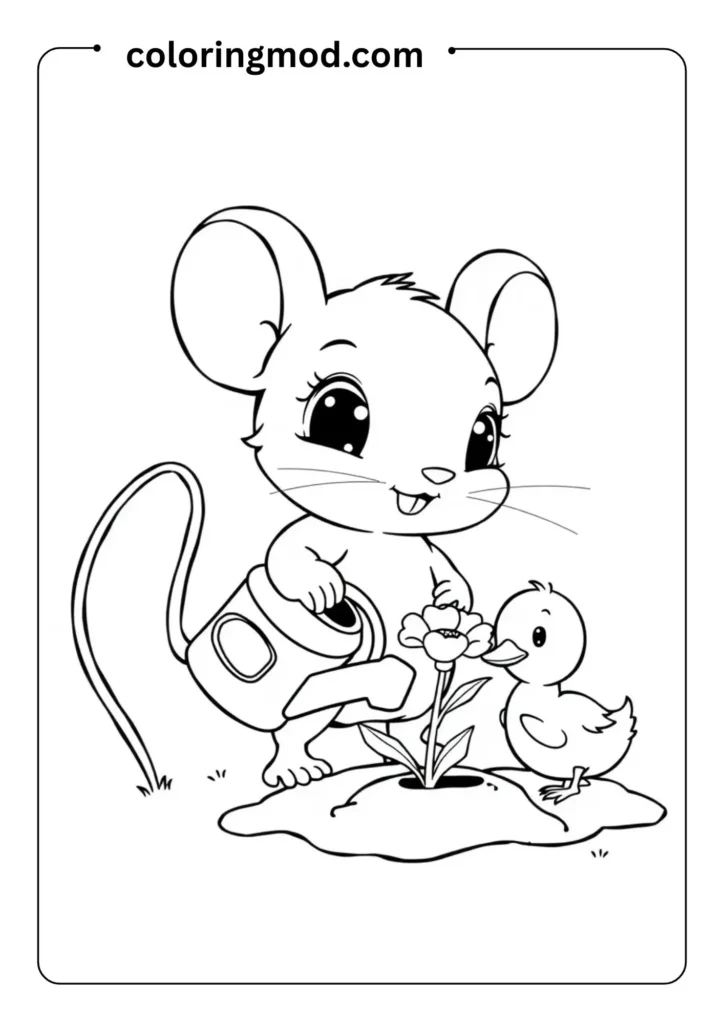 Mouse holding a watering can and duckling digging a hole for a flower, spring garden scene,