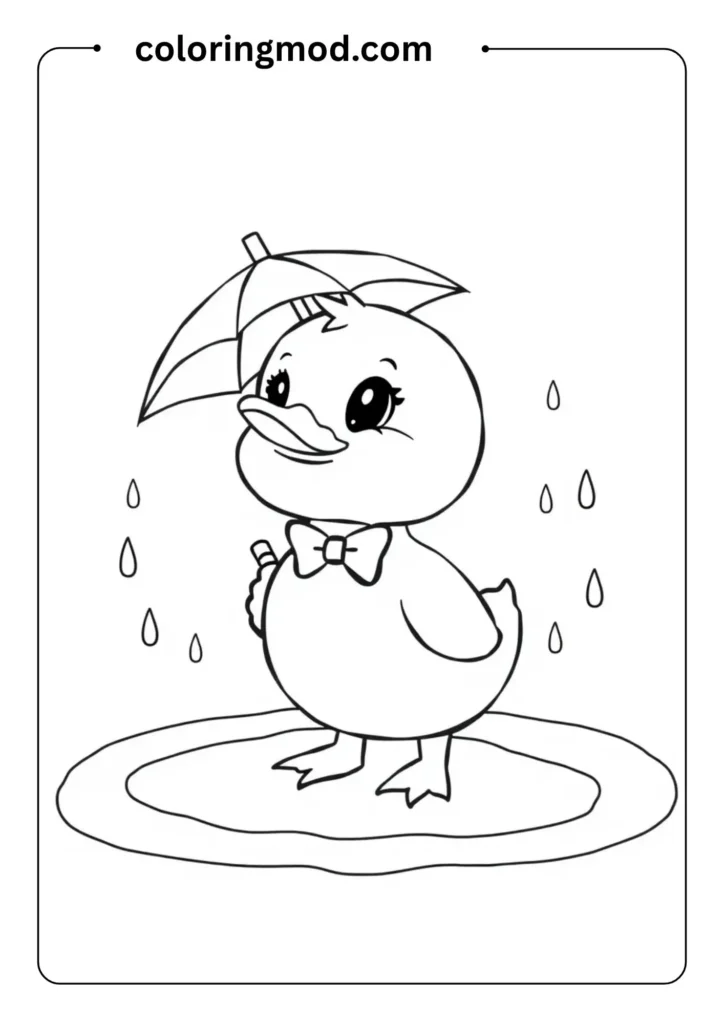 Outline drawing of a duckling with a bowtie, standing in a puddle, surrounded by raindrops and a tiny umbrella