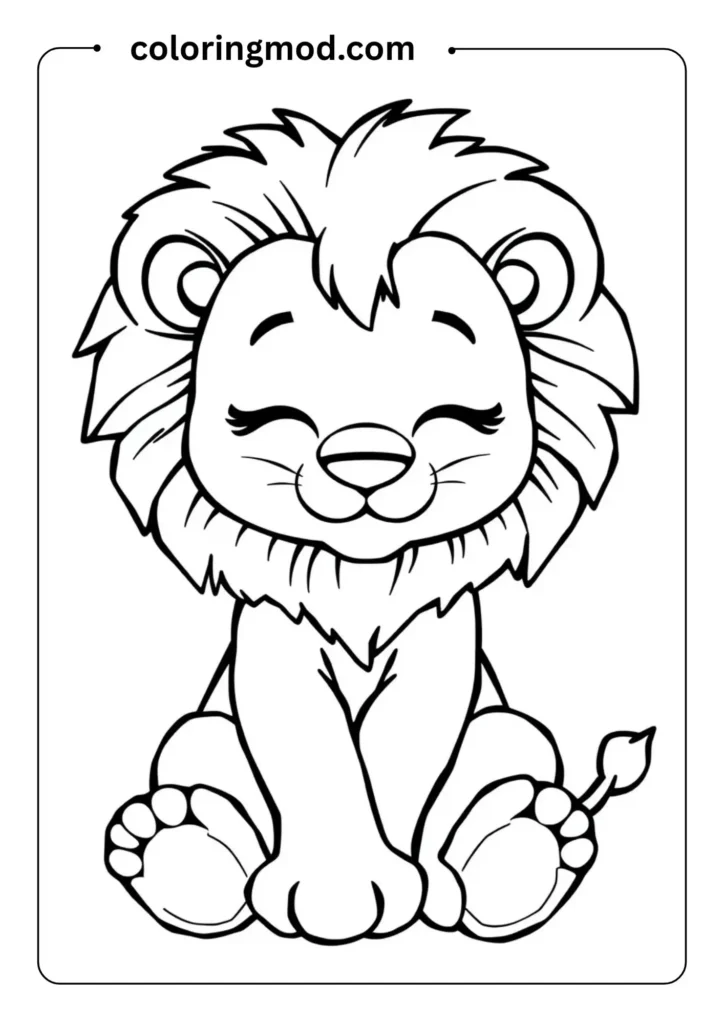 Outline of a baby lion sitting with a fluffy mane, closed eyes, and a cute little tail in a kids’ coloring page style