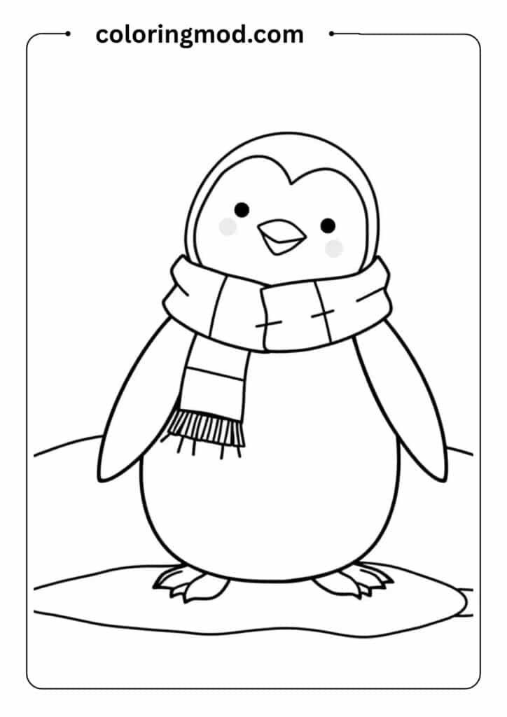Outline of a penguin wearing a scarf and standing on ice, in a simple and cute winter scene