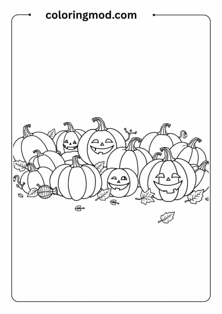 Outline of a pumpkin patch with smiling pumpkins and scattered leaves, perfect for fall coloring
