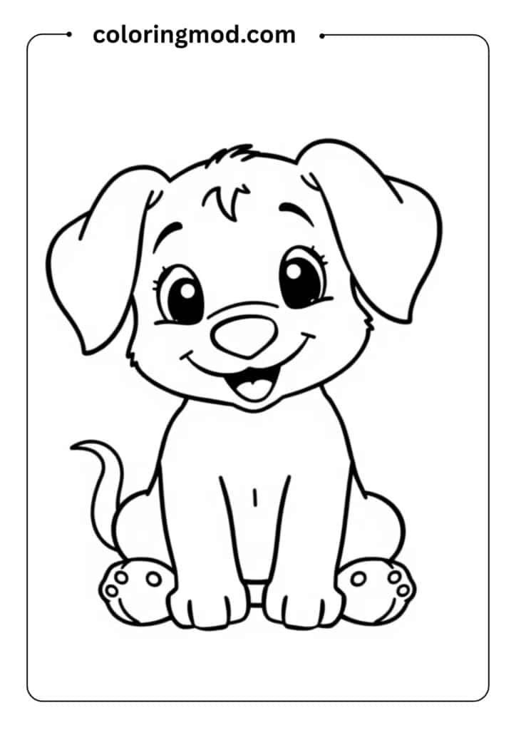 Outline of a smiling puppy with floppy ears and a wagging tail, sitting with a bone, easy for kids to color