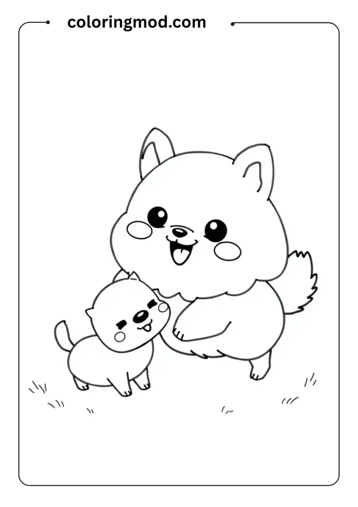 Outlineblack and white coloring page featuring a cute puppy sitting upright with a big smile.