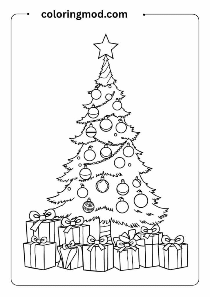 Outlined Christmas tree with ornaments, candy canes, and a star on top, surrounded by presents