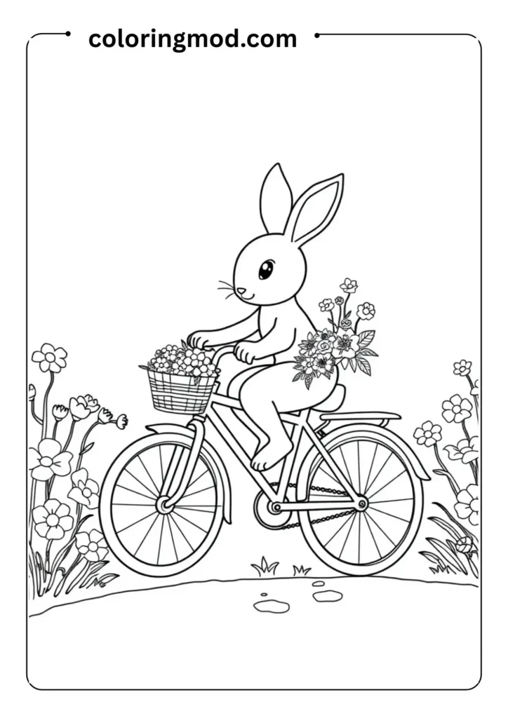 Outlined bunny on a bicycle with flowers in the basket, riding through a flowery path,