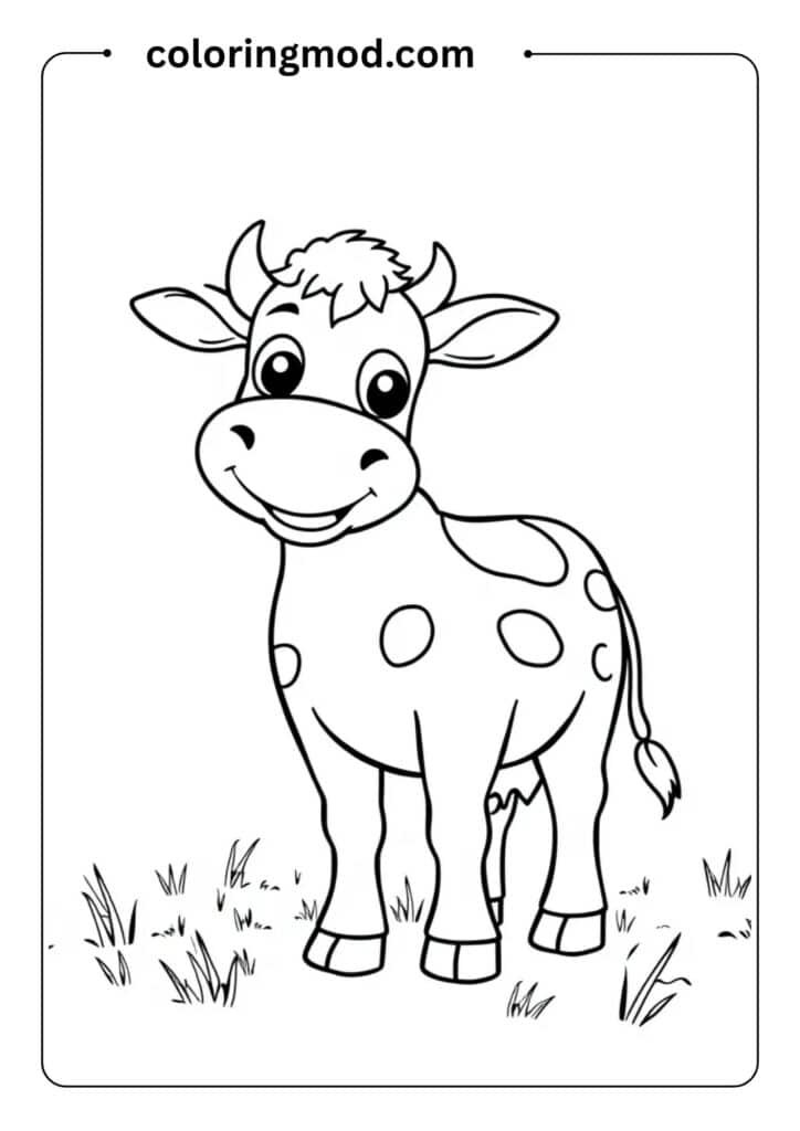 Outlined cartoon cow standing in a field, with big round eyes, spots, and a friendly smile