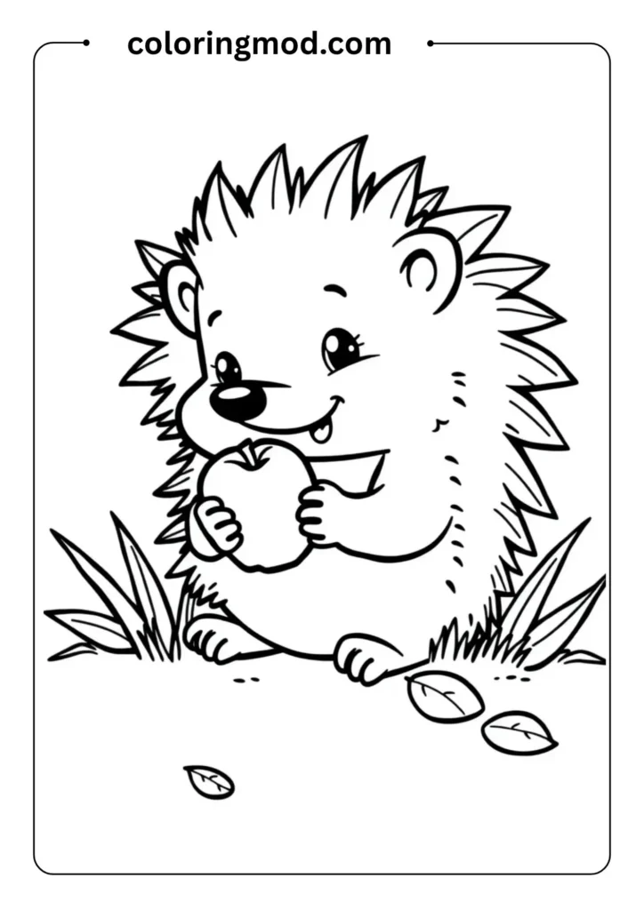 Outlined cartoon hedgehog holding a tiny apple, with grass and leaves around it, in a coloring page style
