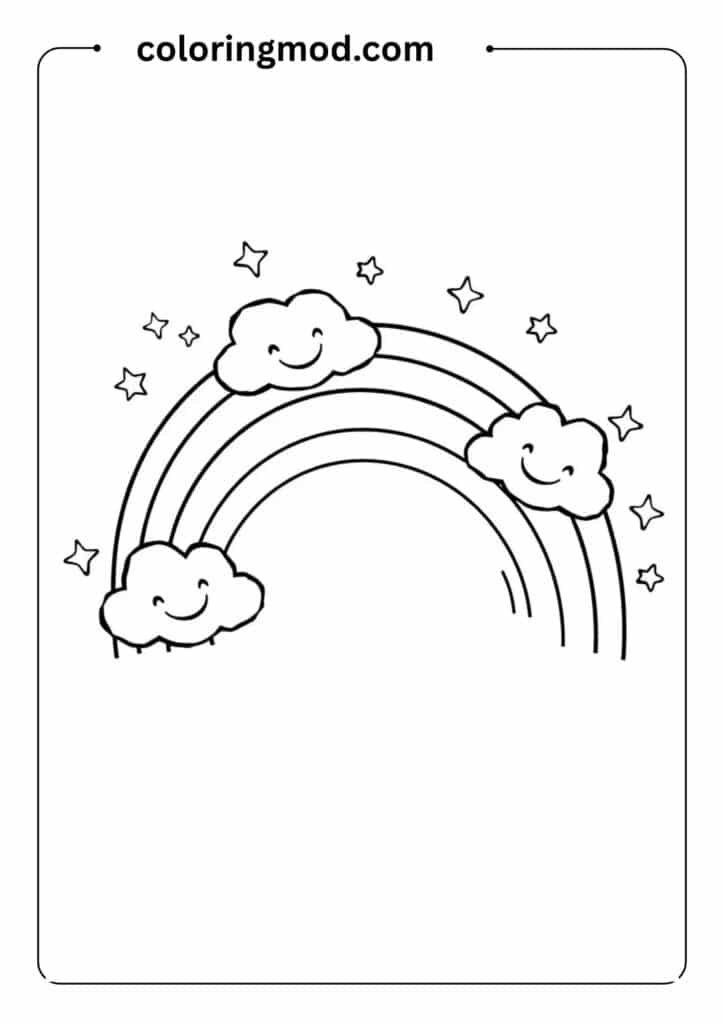 Outlined cartoon rainbow with clouds and stars, big arcs and smiling faces on each cloud