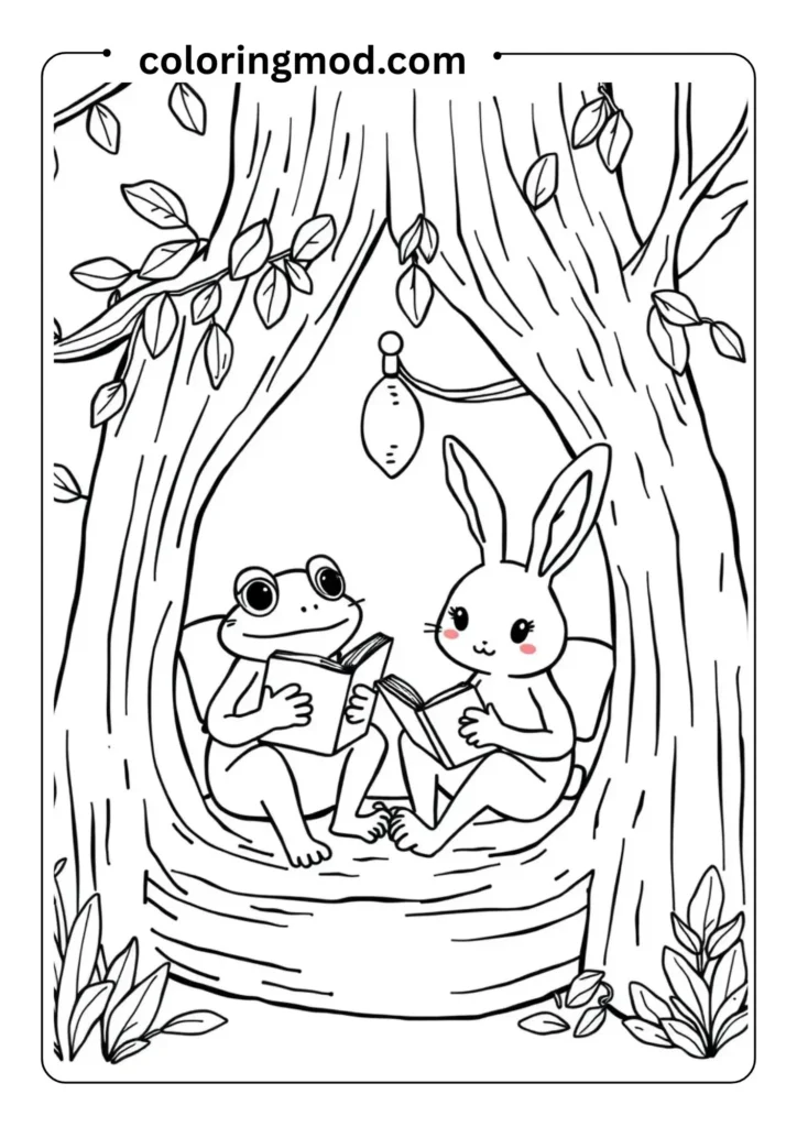 Outlined doodle of a frog and bunny reading books inside a cozy treehouse,