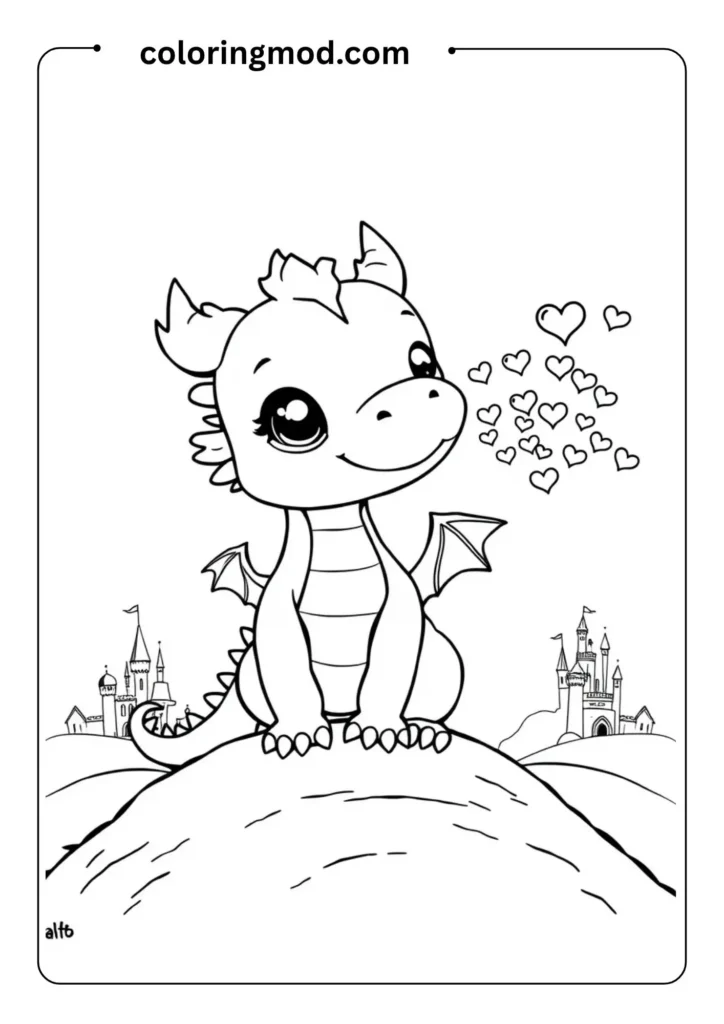 Outlined dragon blowing tiny hearts instead of fire, standing on a hill with castles in the distance