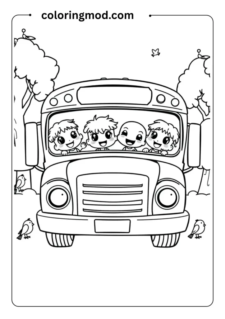 Outlined drawing of a cartoon school bus with happy faces in the windows, surrounded by trees and birds