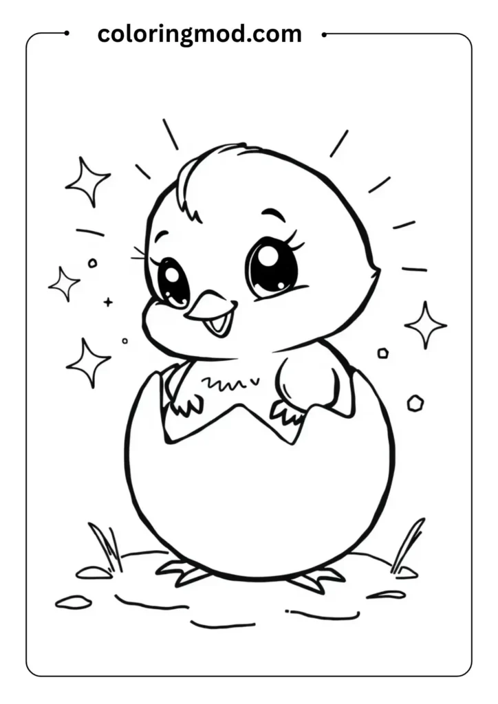 Outlined drawing of a cute baby chick breaking out of an egg, with sparkles and sunshine in the background