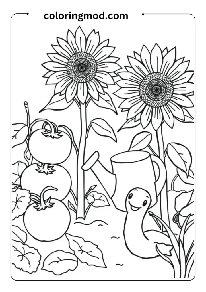 Outlined garden scene with tomatoes, sunflowers, watering can, and a smiling worm peeking out