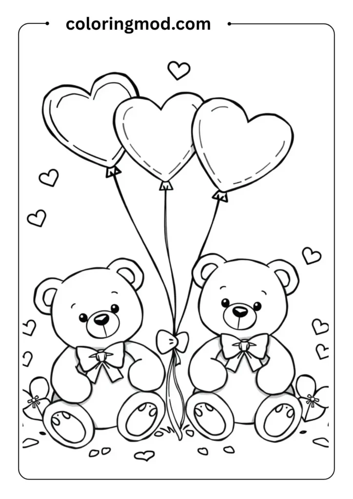 Outlined heart balloons and teddy bears with bows, in a Valentine’s Day theme for kids’ coloring pages