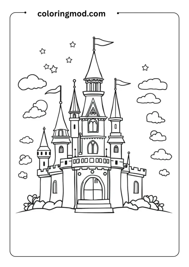 Outlined magical castle with flags, stars, and clouds around it, perfect for fairy tale-themed coloring