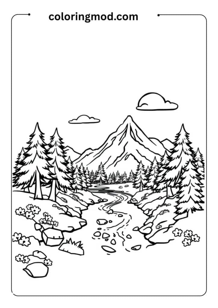 Outlined mountain scene with trees, sun, and a river, designed in large, easy-to-color sections