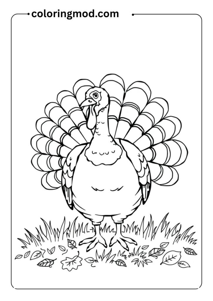 Outlined turkey with spread feathers, standing on grass with leaves falling around, easy Thanksgiving design