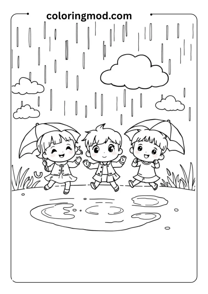 Rainy day scene with kids jumping in puddles, clouds and umbrellas, outlined for young kids’ coloring pages