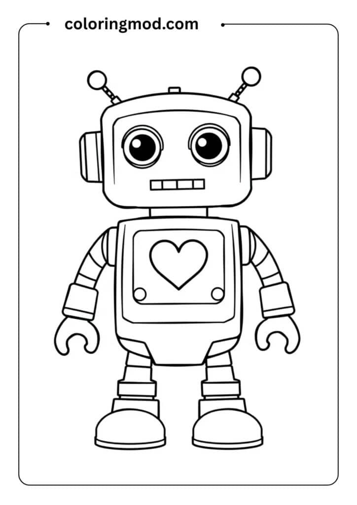 Robot with a smiley face, simple buttons and levers, in bold outline designed for toddlers to color
