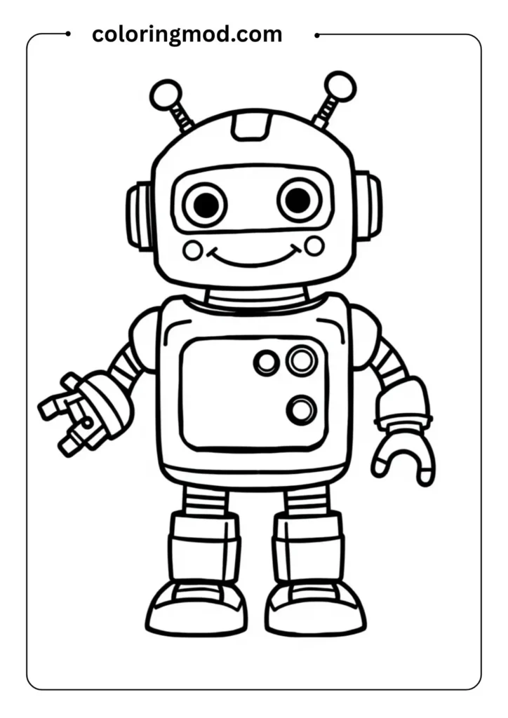 Robot with a smiley face, simple buttons and levers, in bold outline designed for toddlers to color