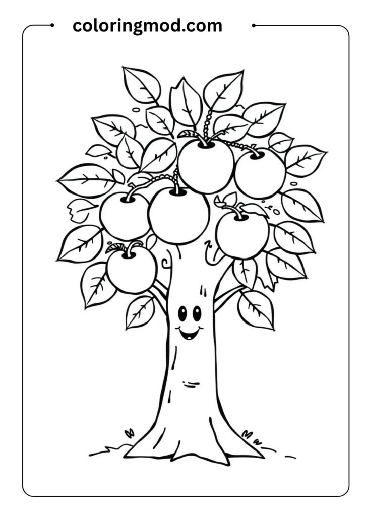 Simple apple tree with big round apples, outlined leaves, and a friendly face on the tree trunk