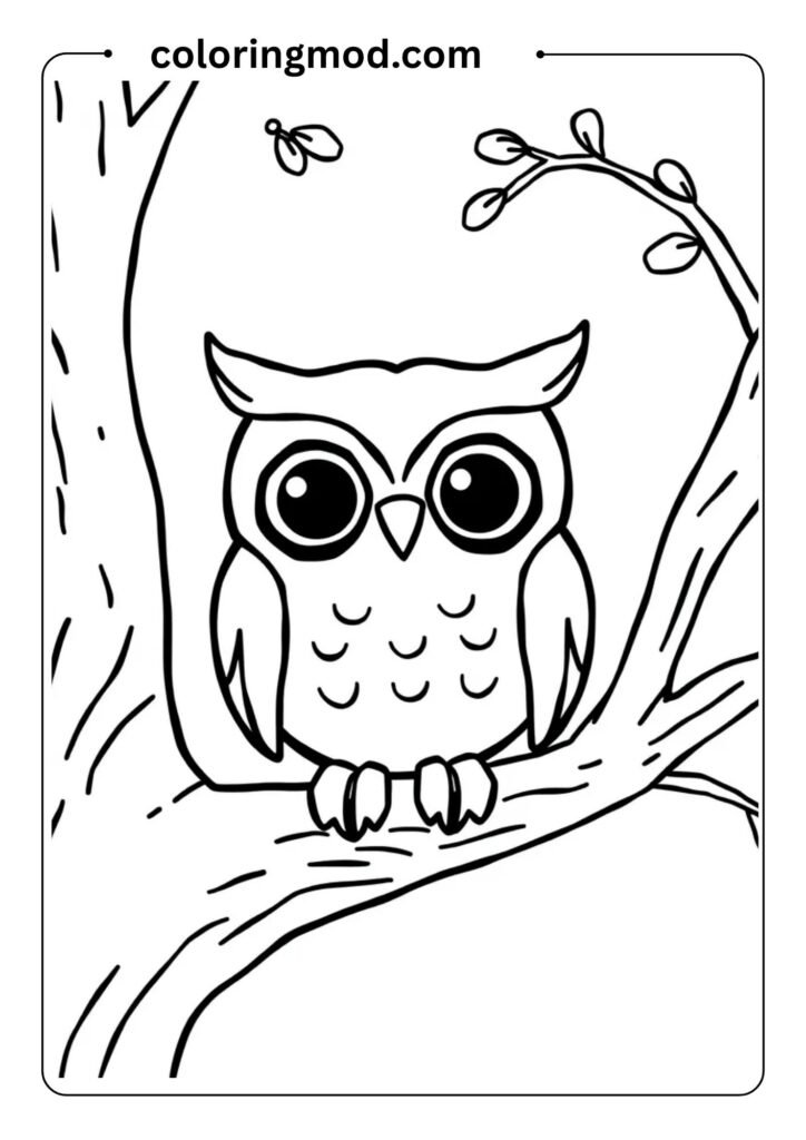 Simple cartoon owl sitting on a tree branch, with large circular eyes and feathers outlined for coloring