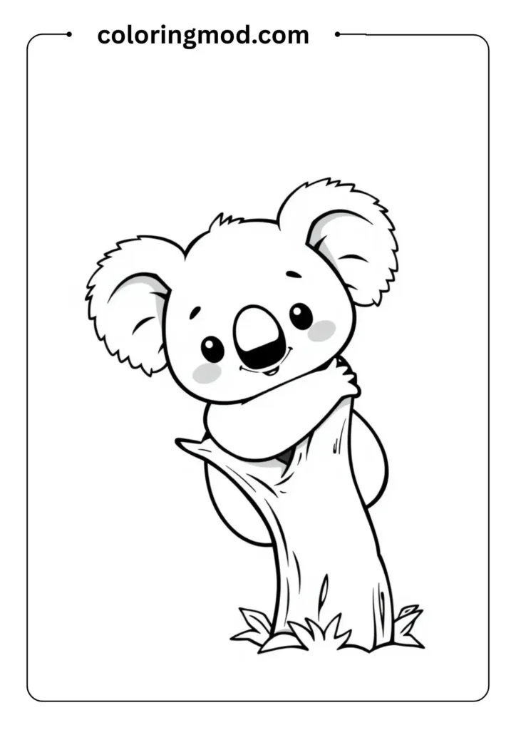 Simple koala hugging a tree, with big ears and a sweet smile, drawn in minimal lines for toddlers