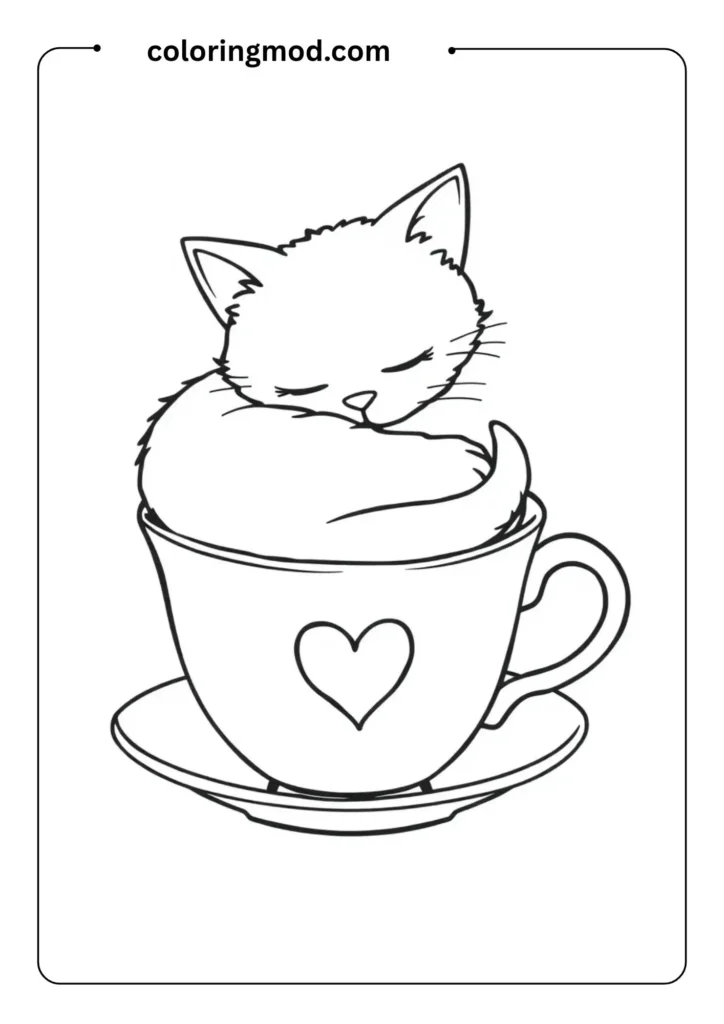 Simple outline drawing of a cat curled up in a teacup, with whiskers and a small heart on the cup,