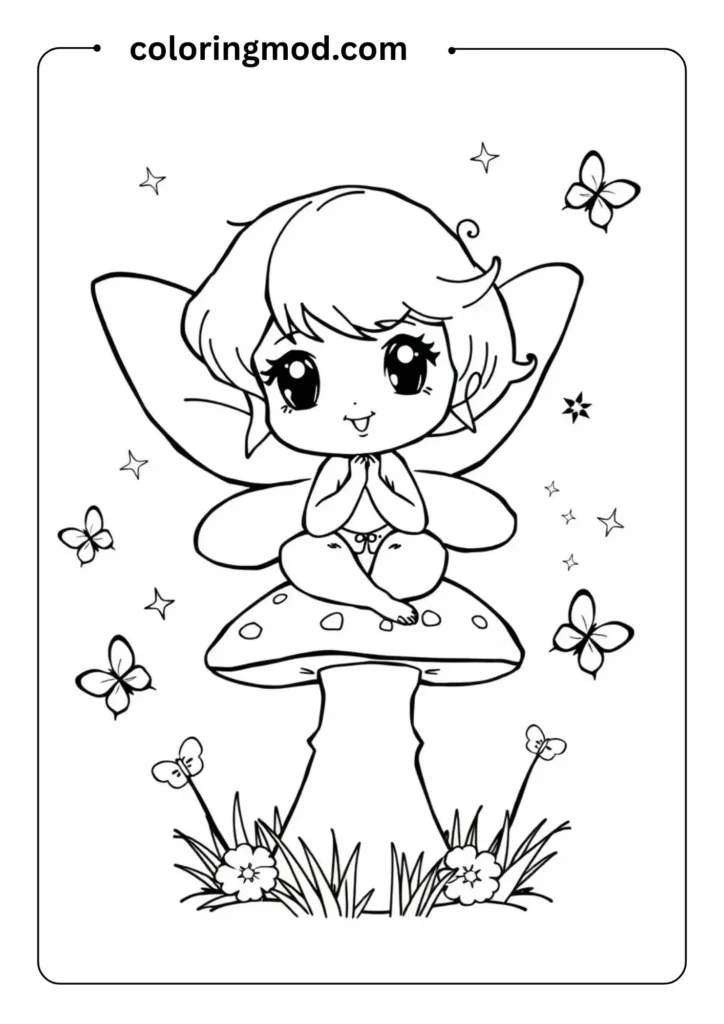 Simple outlined fairy sitting on a mushroom, with sparkles and butterflies around