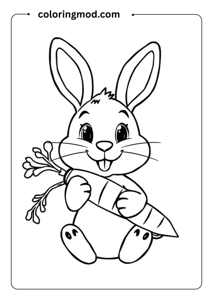Smiling bunny holding a carrot, with long ears and big round eyes, designed in simple black-and-white line art