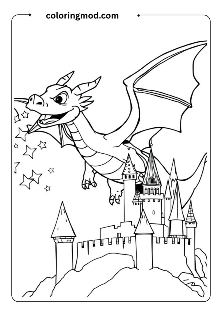 Smiling dragon flying over a castle, breathing stars instead of fire, outlined for a fairy tale coloring page