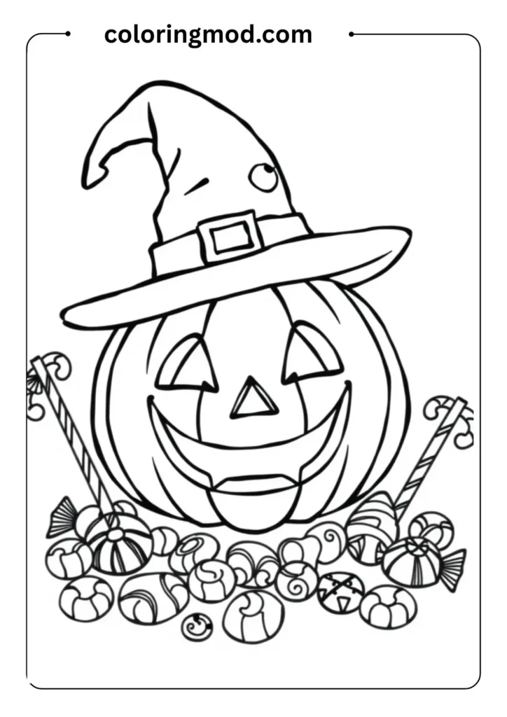 Smiling jack-o'-lantern with a witch hat, surrounded by candy, in easy bold outlines for Halloween coloring fun