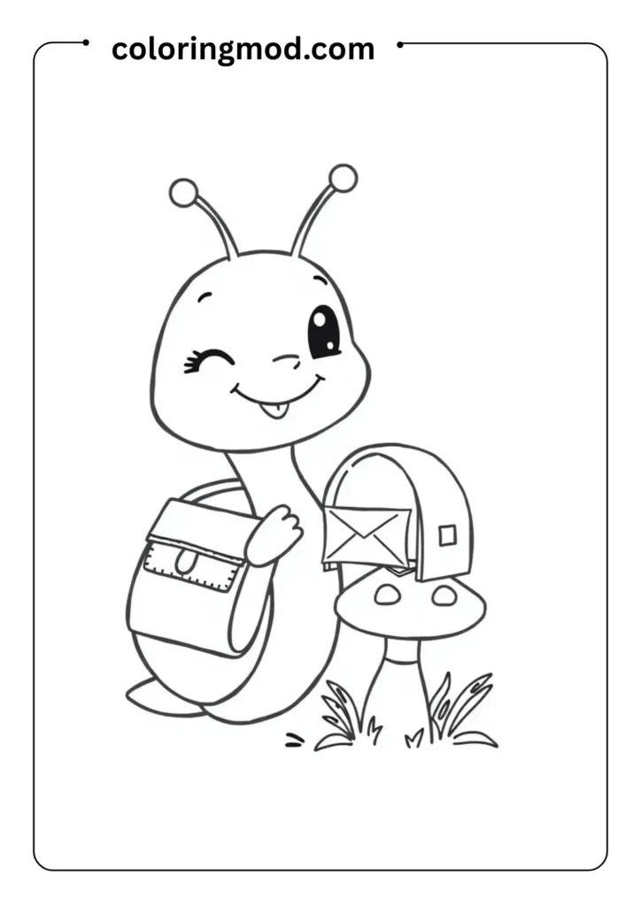 Smiling snail with a mailbag dropping a letter into a tiny mushroom mailbox,