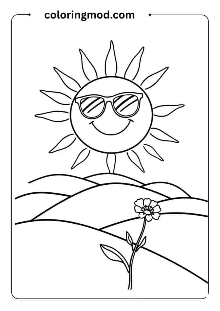 Sun with sunglasses smiling above rolling hills and a single flower, outlined for a children’s coloring page