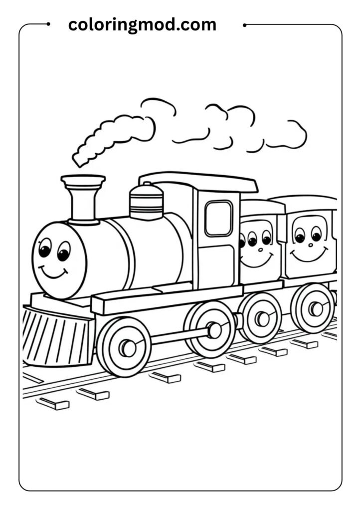 Toy train with three smiling cars, puffs of smoke from the engine, outlined for toddlers to color