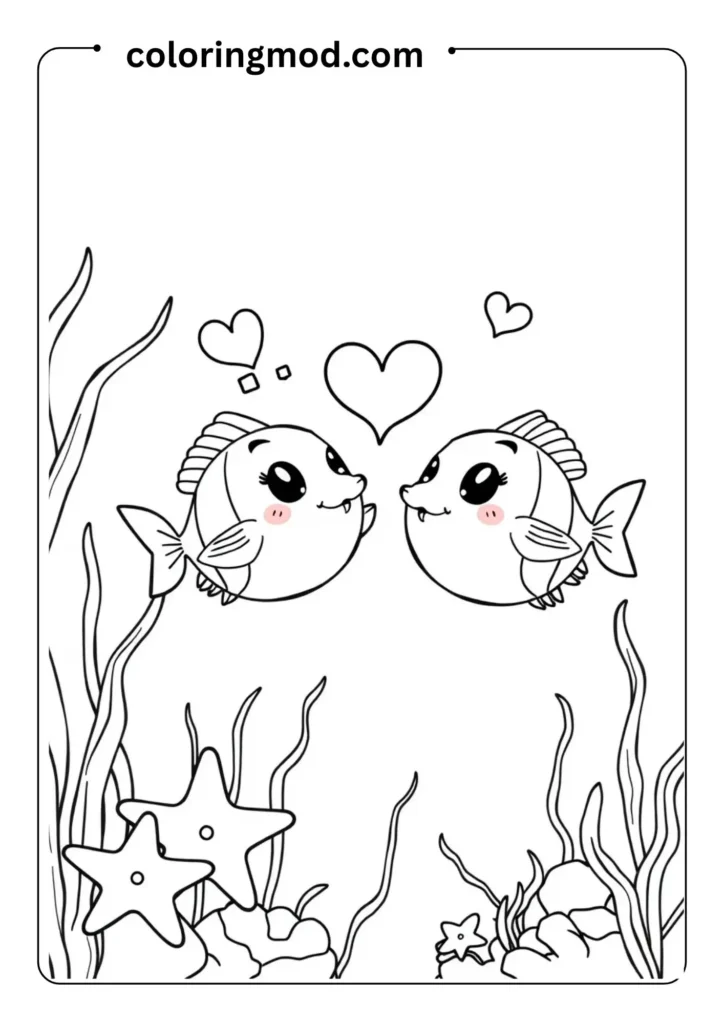 Two adorable fish blowing heart-shaped bubbles underwater, surrounded by seaweed and a starfish