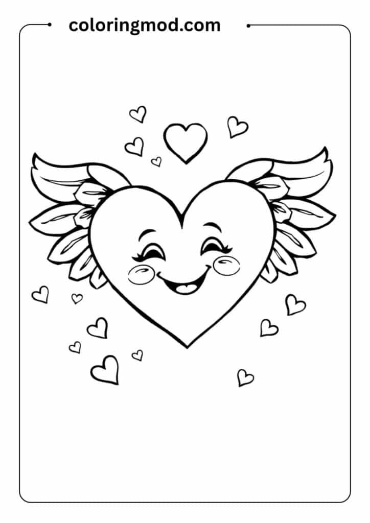 Valentine’s heart with wings and a smiling face, surrounded by smaller hearts and stars