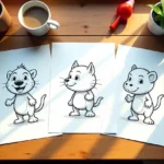 A cozy wooden tabletop with morning sunlight casting soft shadows. Three realistic character coloring pages are laid out side-by-side on white paper sheets. Each page features a detailed, black-and-white sketch of a popular cartoon or movie character[ Easy Coloring Pages ]in dynamic poses, ready to be colored. Around the pages are scattered colored pencils, a steaming cup of coffee, a sketchbook, a small potted plant, and a toy figurine. The scene feels creative and inviting, with a soft, natural light enhancing the warm tones of the wooden surface.