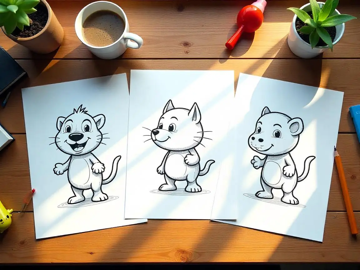A cozy wooden tabletop with morning sunlight casting soft shadows. Three realistic character coloring pages are laid out side-by-side on white paper sheets. Each page features a detailed, black-and-white sketch of a popular cartoon or movie character[ Easy Coloring Pages ]in dynamic poses, ready to be colored. Around the pages are scattered colored pencils, a steaming cup of coffee, a sketchbook, a small potted plant, and a toy figurine. The scene feels creative and inviting, with a soft, natural light enhancing the warm tones of the wooden surface.