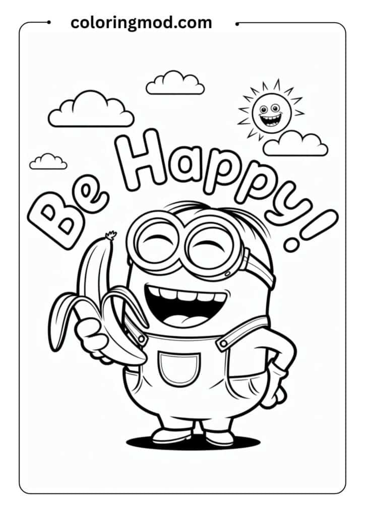 A Minion holding a banana and laughing, cartoon-style coloring page, black and white outlined drawing