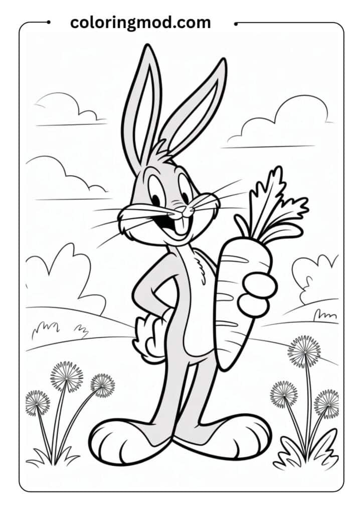 Bugs Bunny eating a carrot and standing relaxed, black and white cartoon outline,